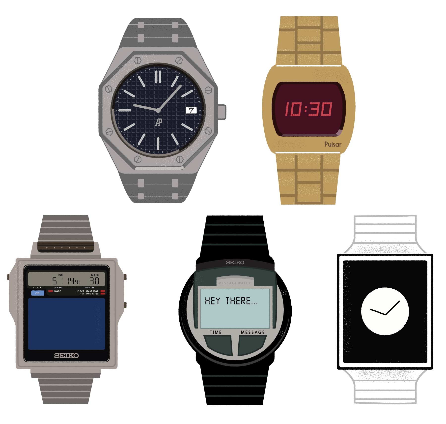 Vintage & Modern Watch Illustrations - Seiko, Rolex, Pulsar, Apple