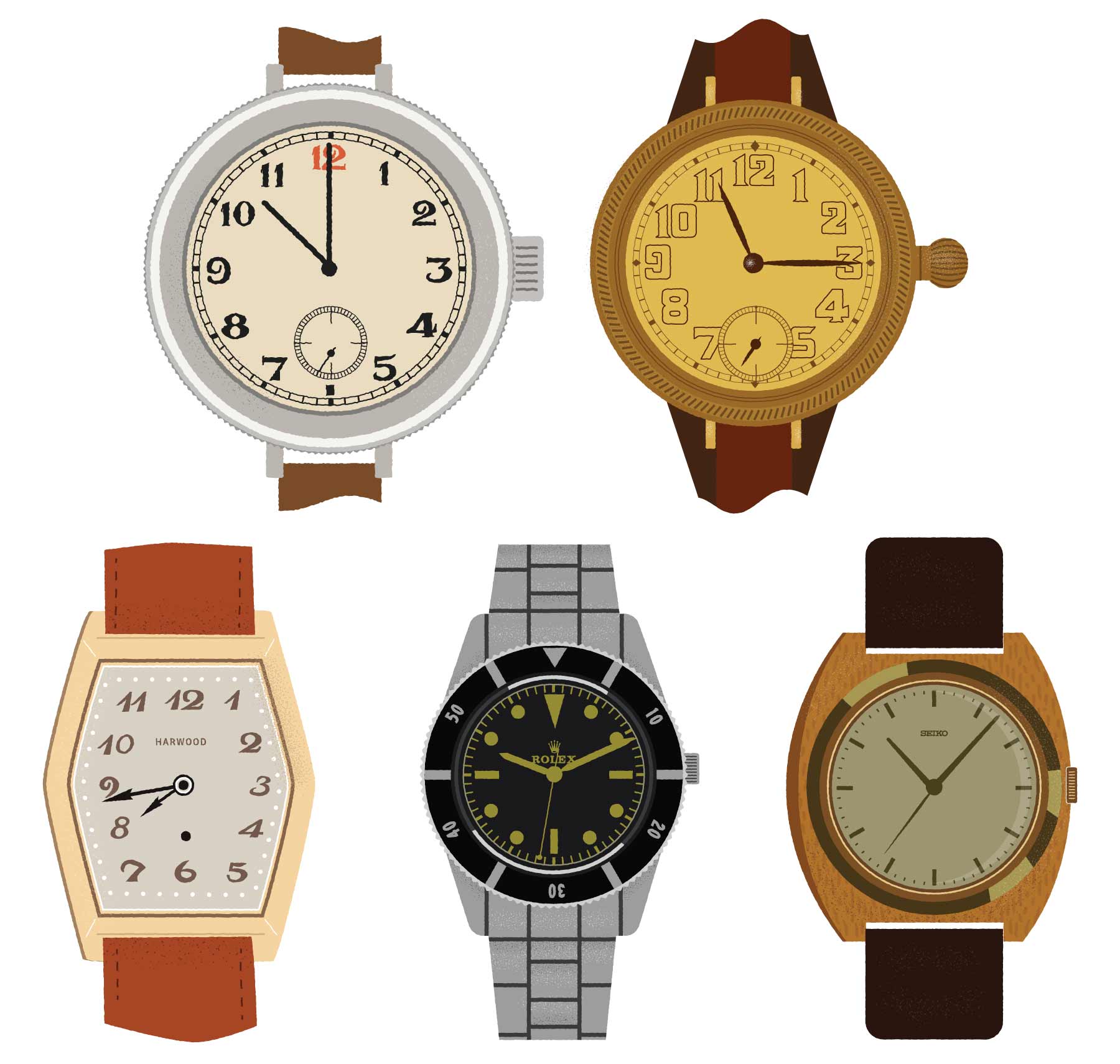 Vintage Watch Illustrations - Rolex, Harwood & Seiko