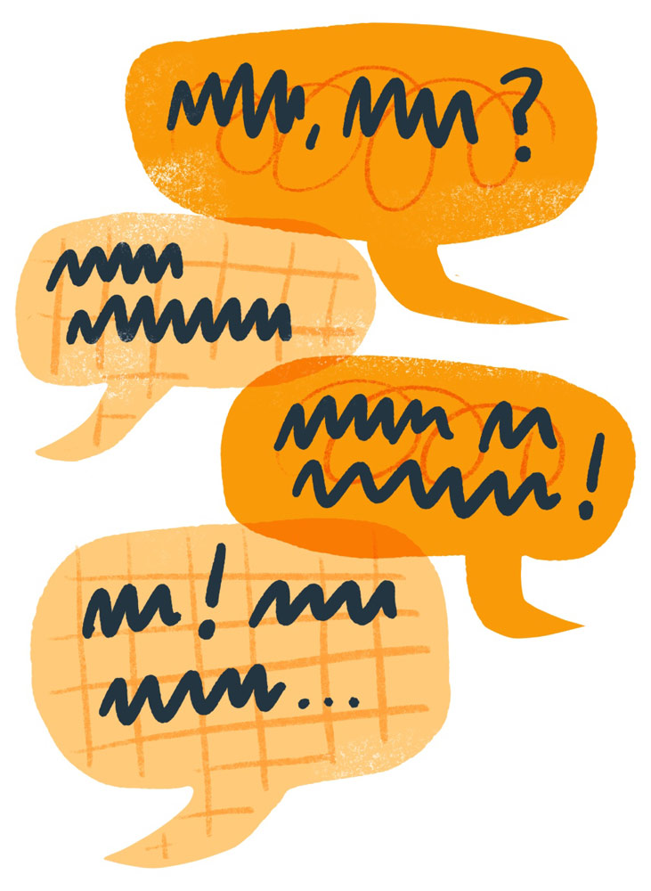 Words and Pictures spot illustration for article by Elly Jahnz. Orange speech bubbles having a conversation.