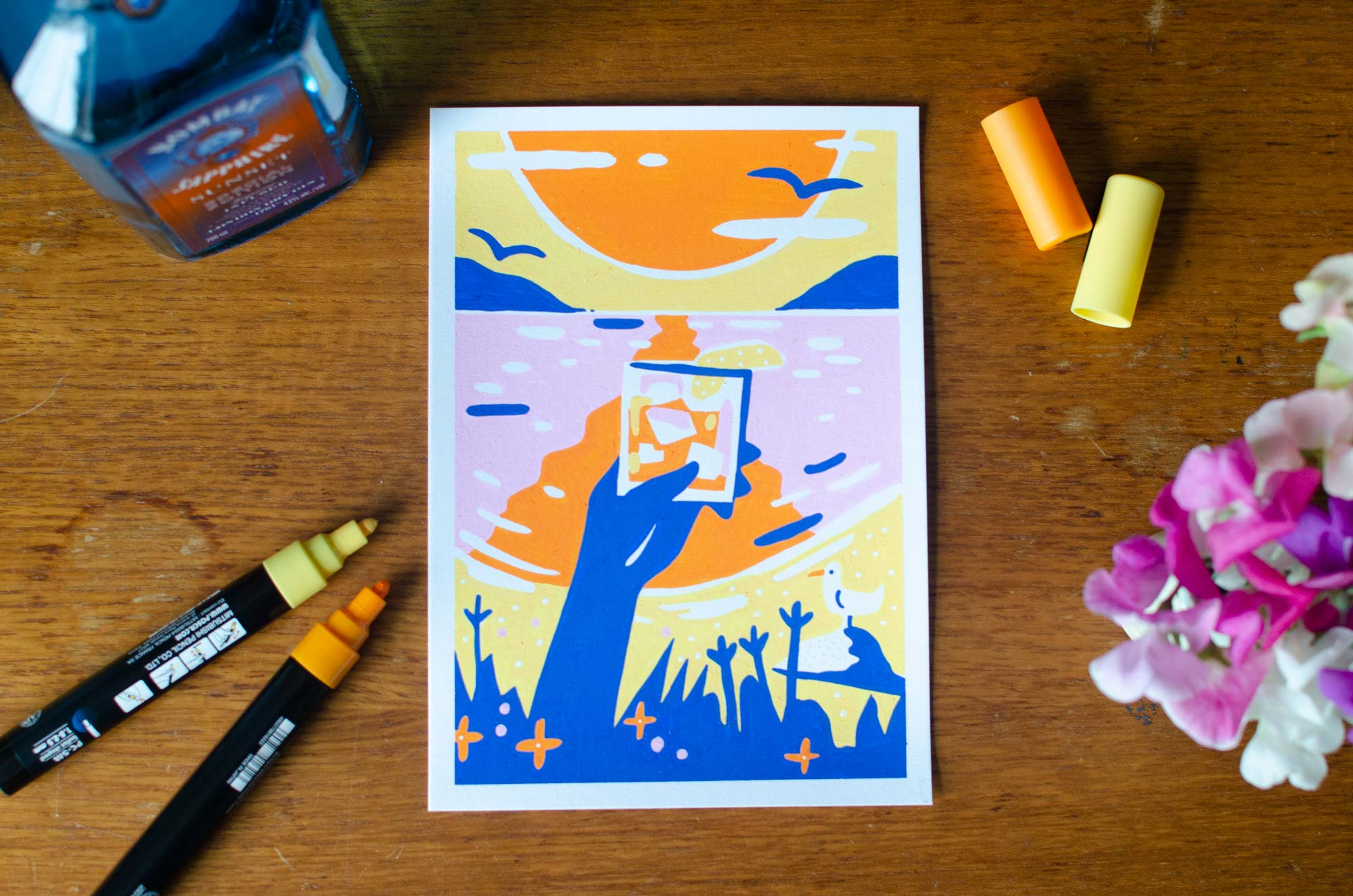 Hand drawn postcard of a Cornish sunset for Bombay Sapphire Sunset by Elly Jahnz