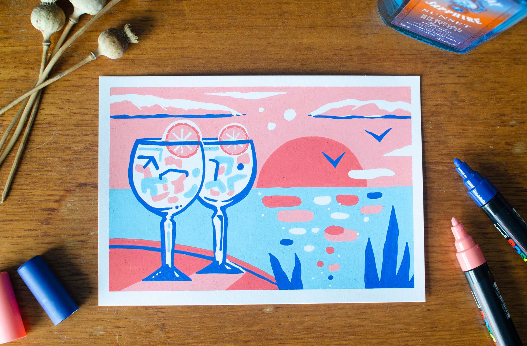 Illustrated hand drawn postcard for Bombay Sapphire by Elly Jahnz