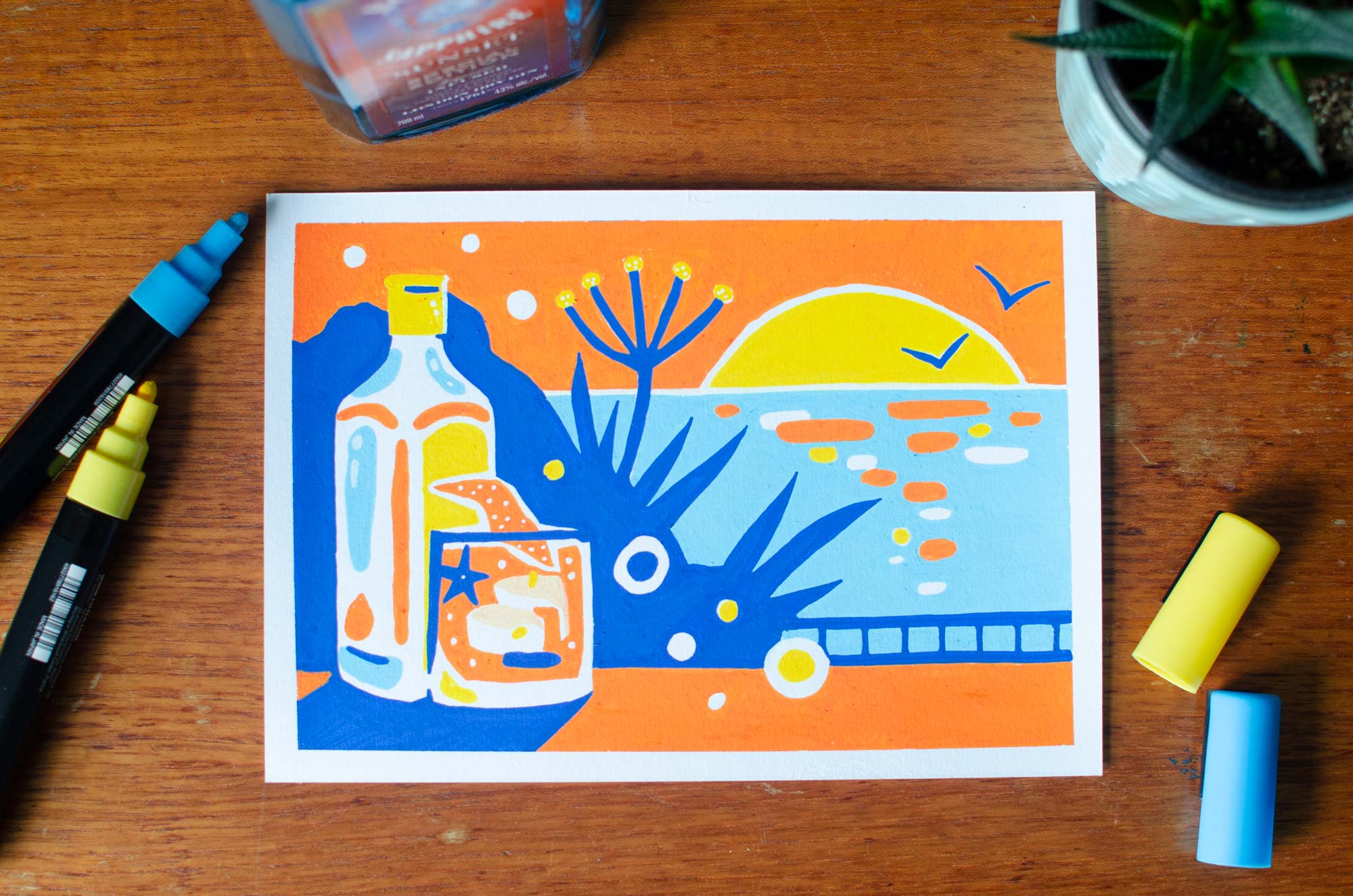 Hand drawn postcard for Bombay Sapphire Sunset by Elly Jahnz