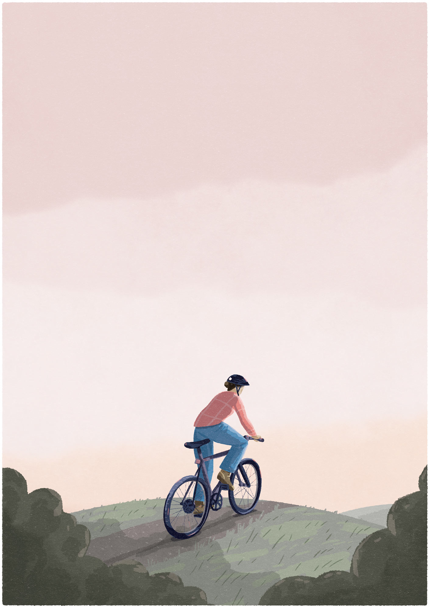 An illustration showing the peace found when cycling in nature, by Elly Jahnz