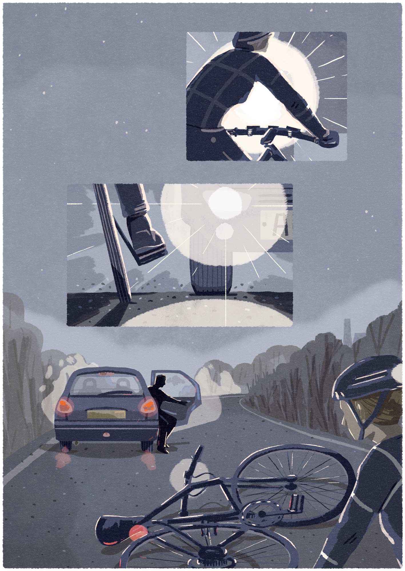An illustration for University of Exeter showing the difficulties faced when cycling, by Elly Jahnz.