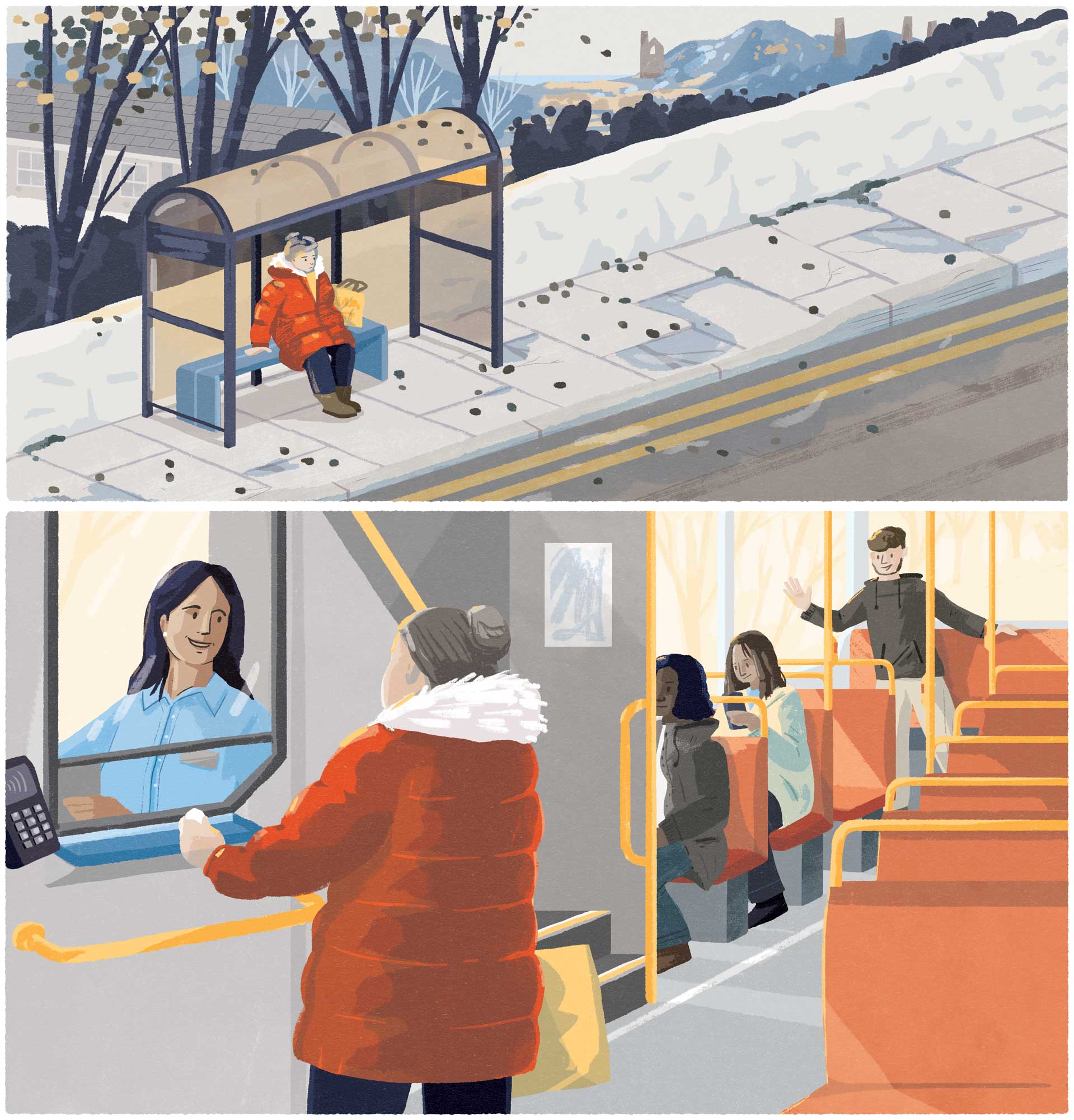 An illustration of an old lady getting the bus, for University of Exeter by Elly Jahnz