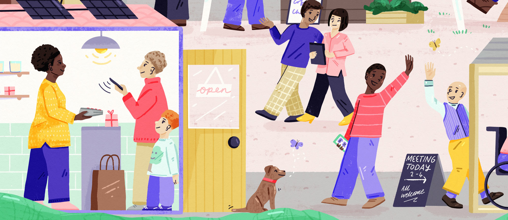 Section of banner illustration for a website on community tech, by Elly Jahnz
