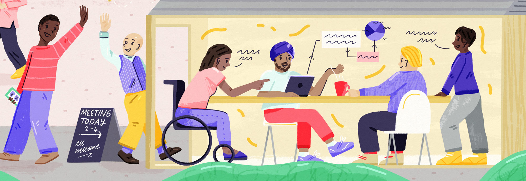 Section of a banner illustration for a community tech website by Elly Jahnz