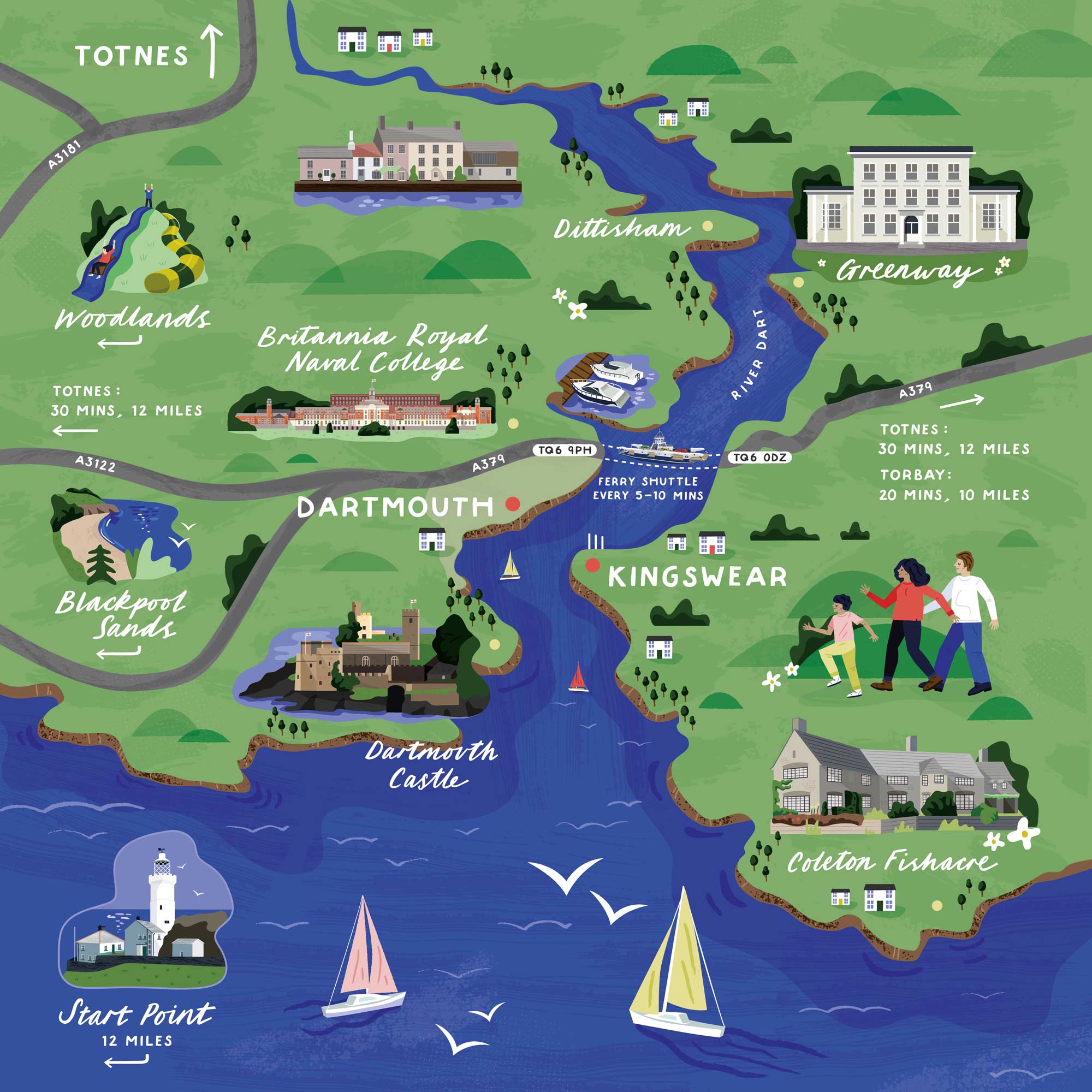 A map of Dartmouth for the Higher Dart Ferry Company by Elly Jahnz