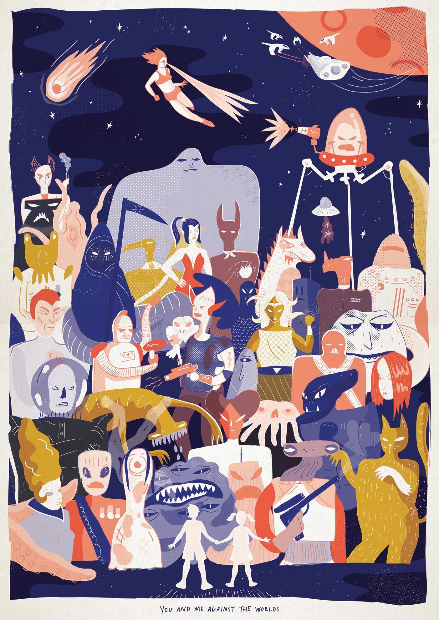 Retro style sci-fi illustration celebrating all the bad guys, monsters and demons thwarted by plucky youngsters. By Elly Jahnz