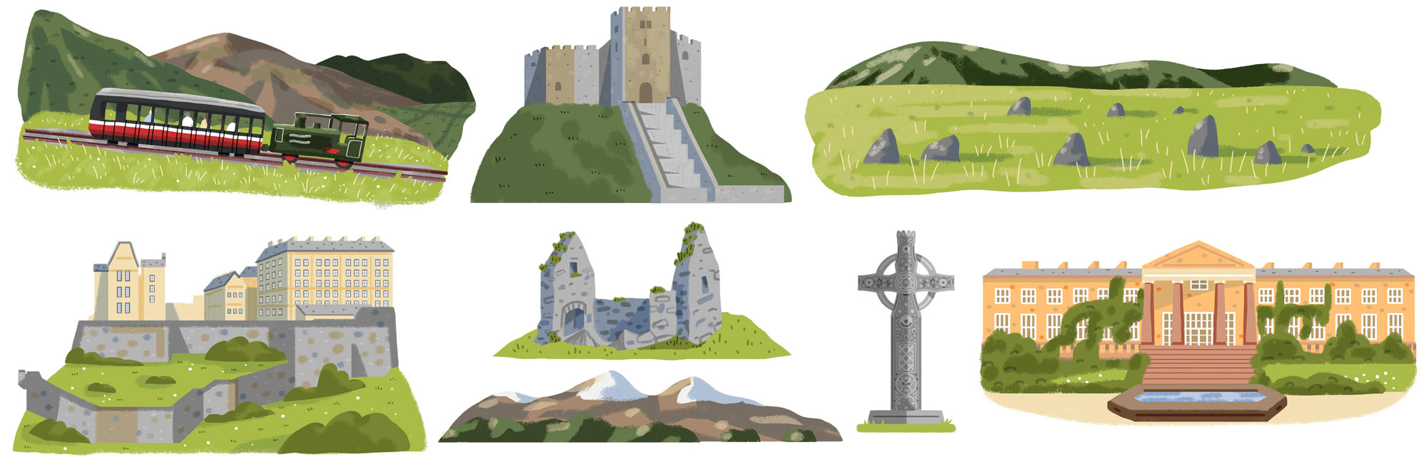 Series of Spot Illustrations for Celtic Britain Map for Discover Britain, by Elly Jahnz