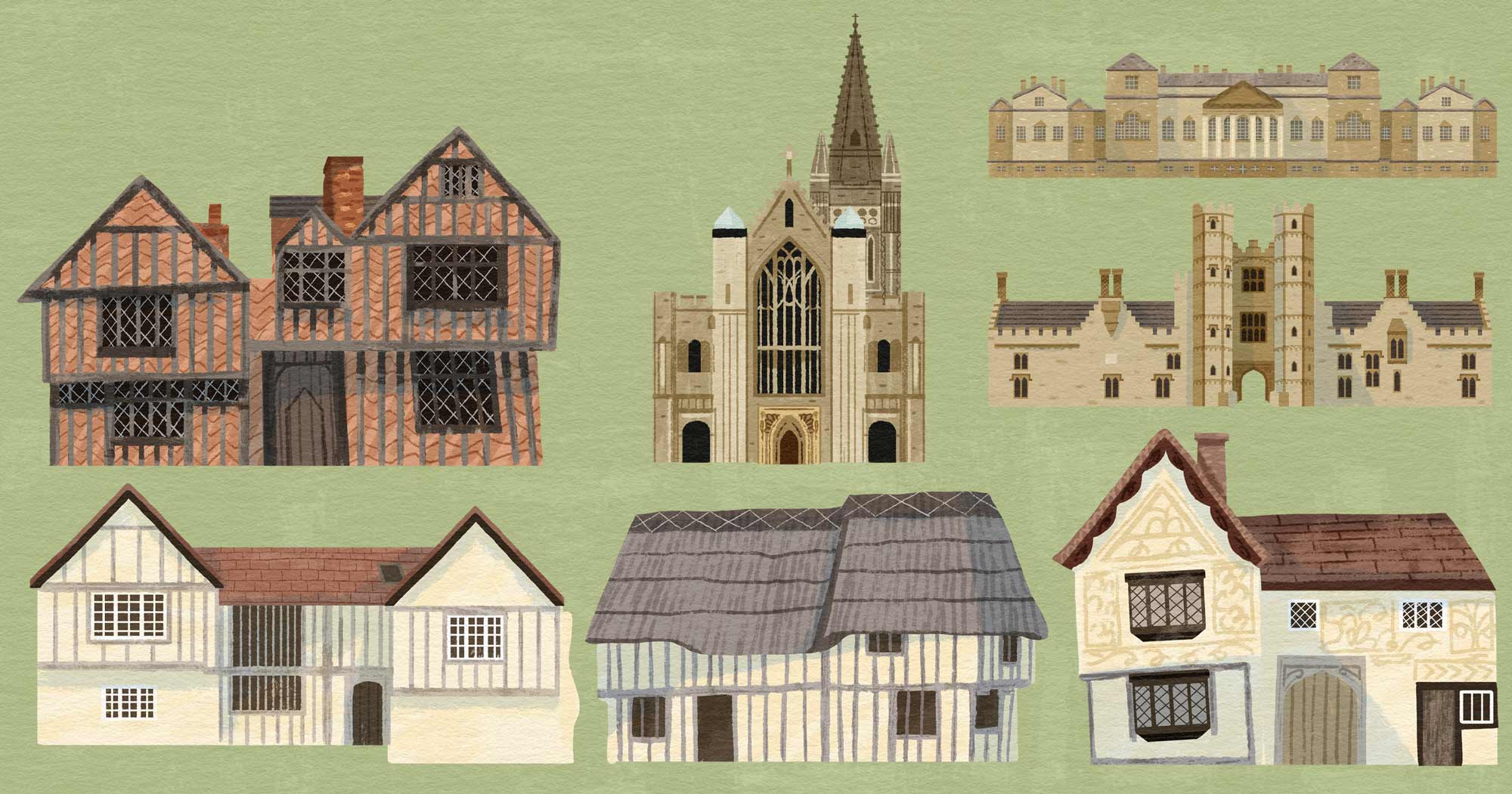 Some of the buildings from my map of eastern England for Discover Britain by Elly Jahnz