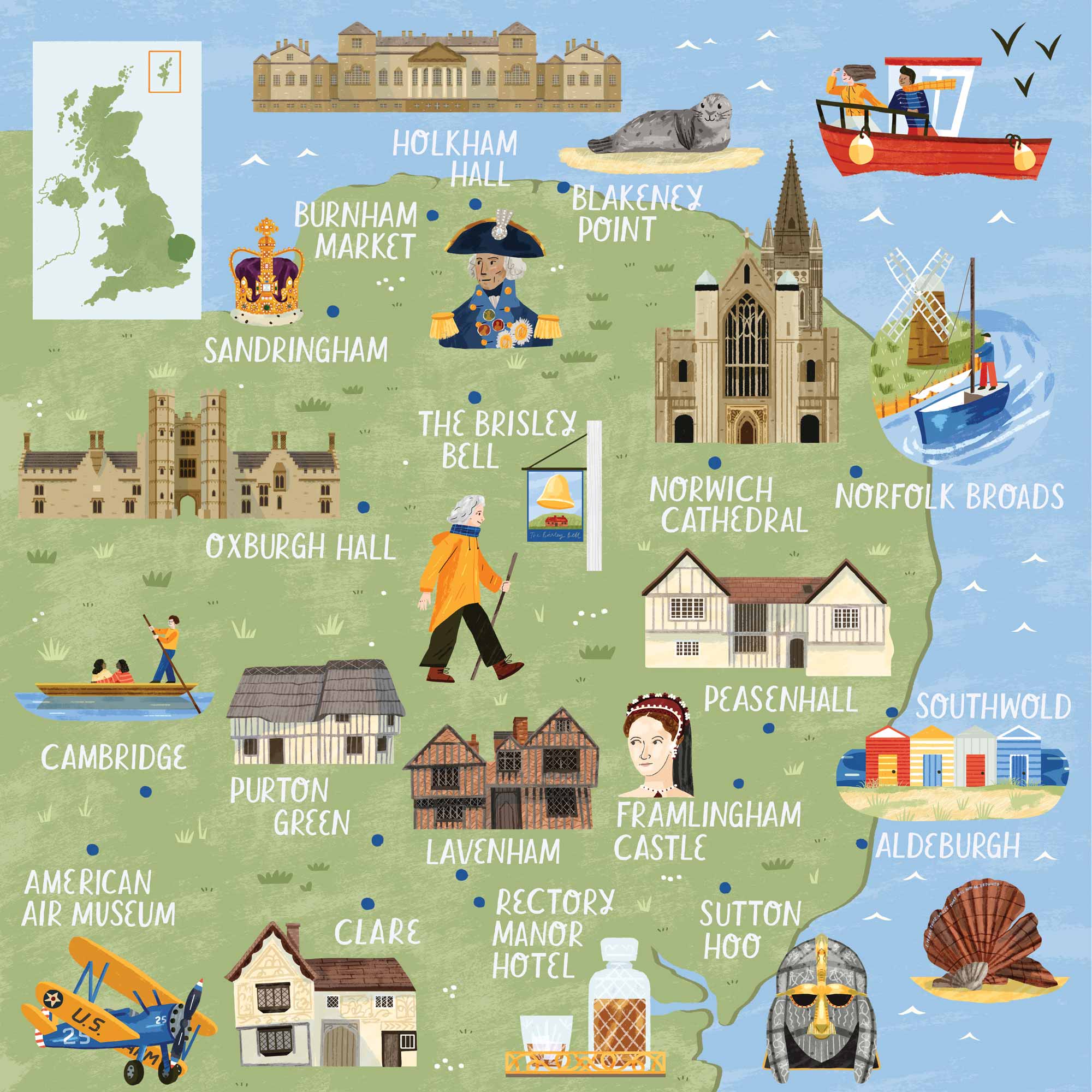A map of the eastern part of England for Discover Britain magazine by Elly Jahnz