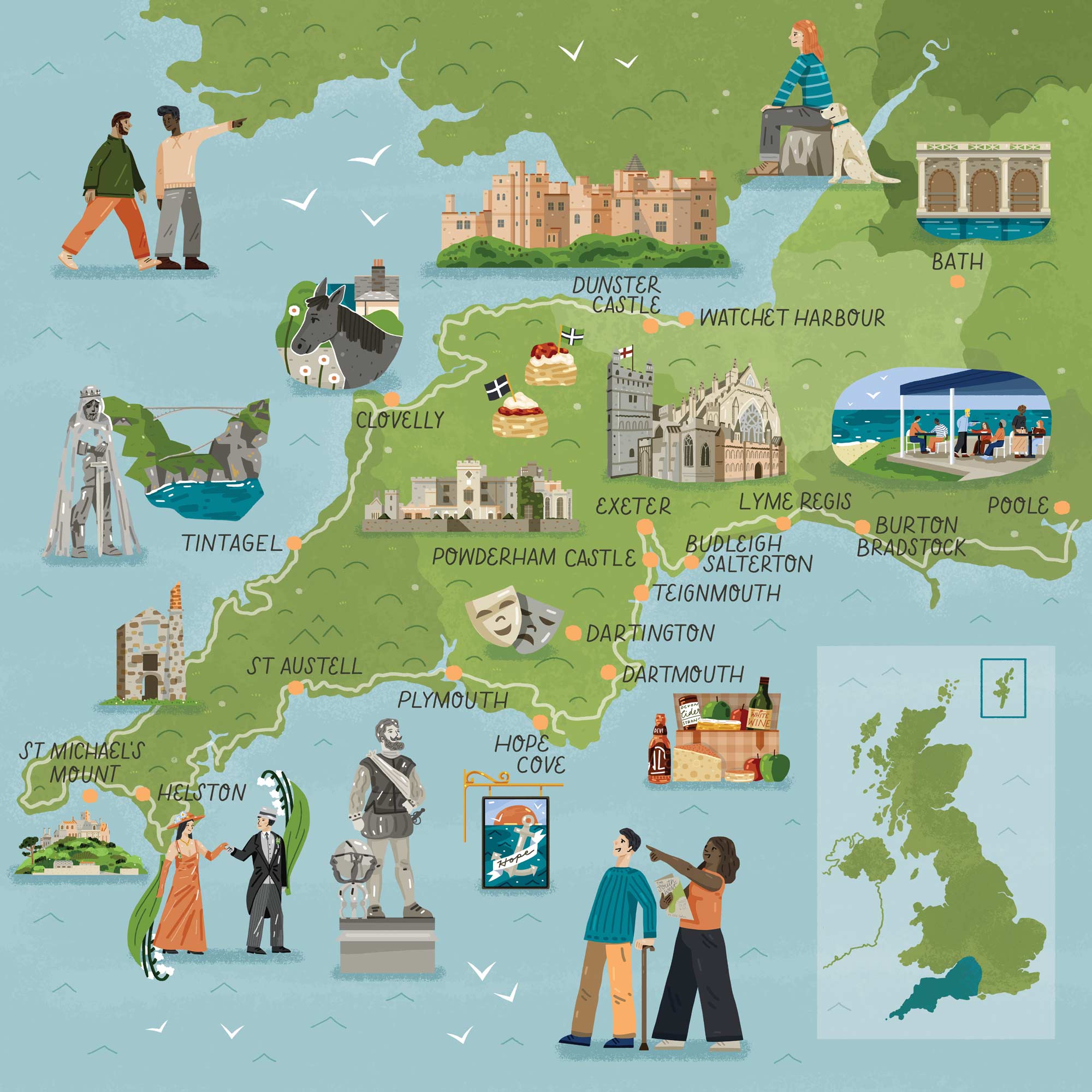 An illustrated map of the South West for Discover Britain by Elly Jahnz