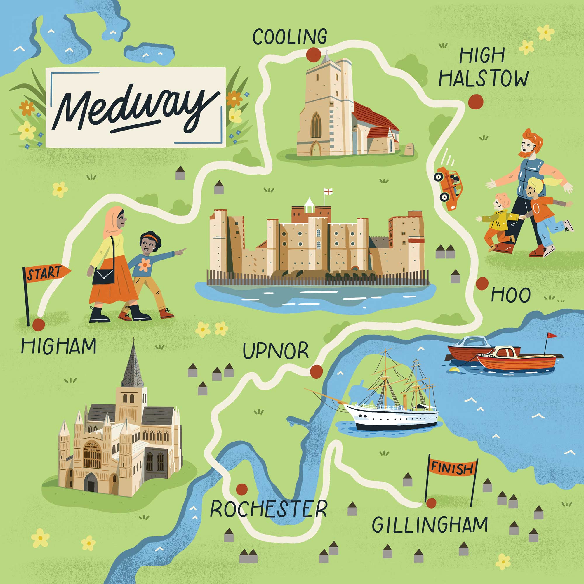 A map of the Medway area for Discover Britain Magazine by Elly Jahnz