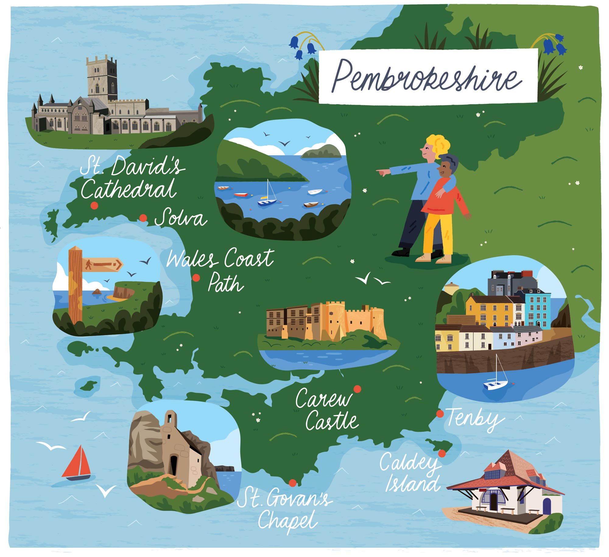 An illustrated map of Pembrokeshire by Elly Jahnz for Discover Britain magazine