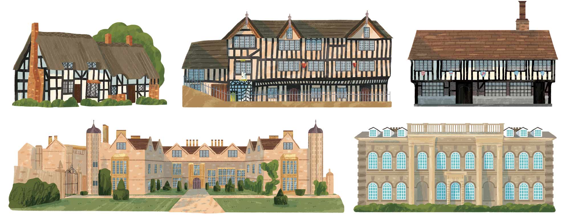 Spot illustrations from a map of Shakespeare's Britain by Elly Jahnz