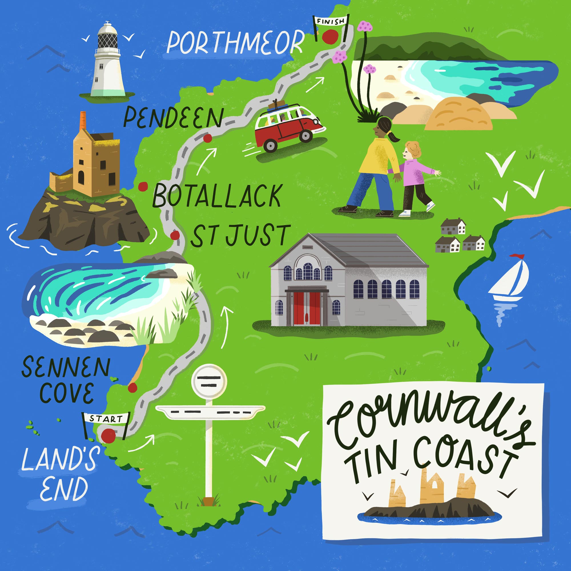 An illustrated map of Cornwall's Tin Coast for Discover Britain magazine.