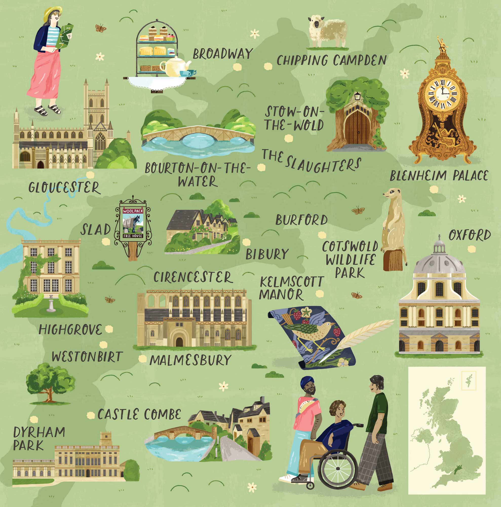 An illustrated map of the Cotswolds for Discover Britain Magazine by Elly Jahnz