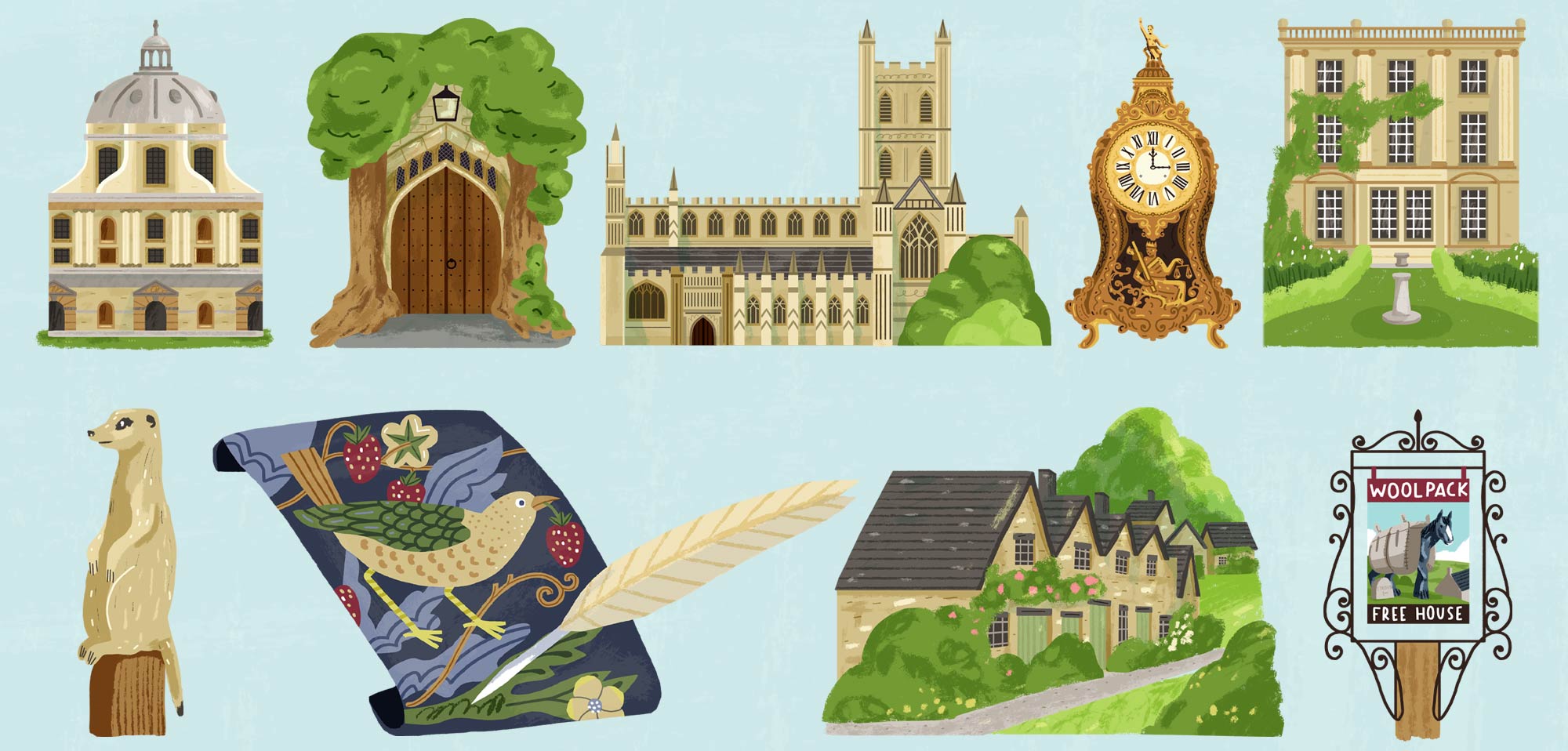 A closer look at the spot illustrations from a map of the Cotswolds by Elly Jahnz