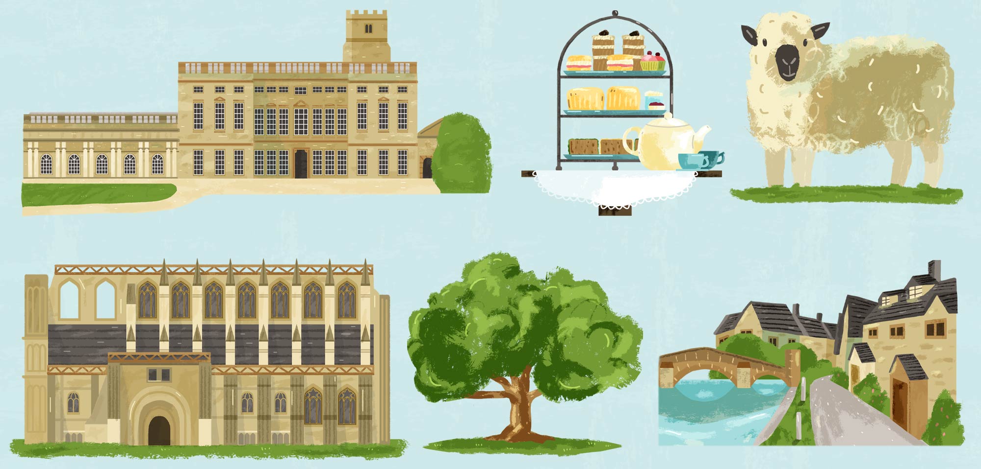 Spot illustrations of a map of the Cotswolds by Elly Jahnz