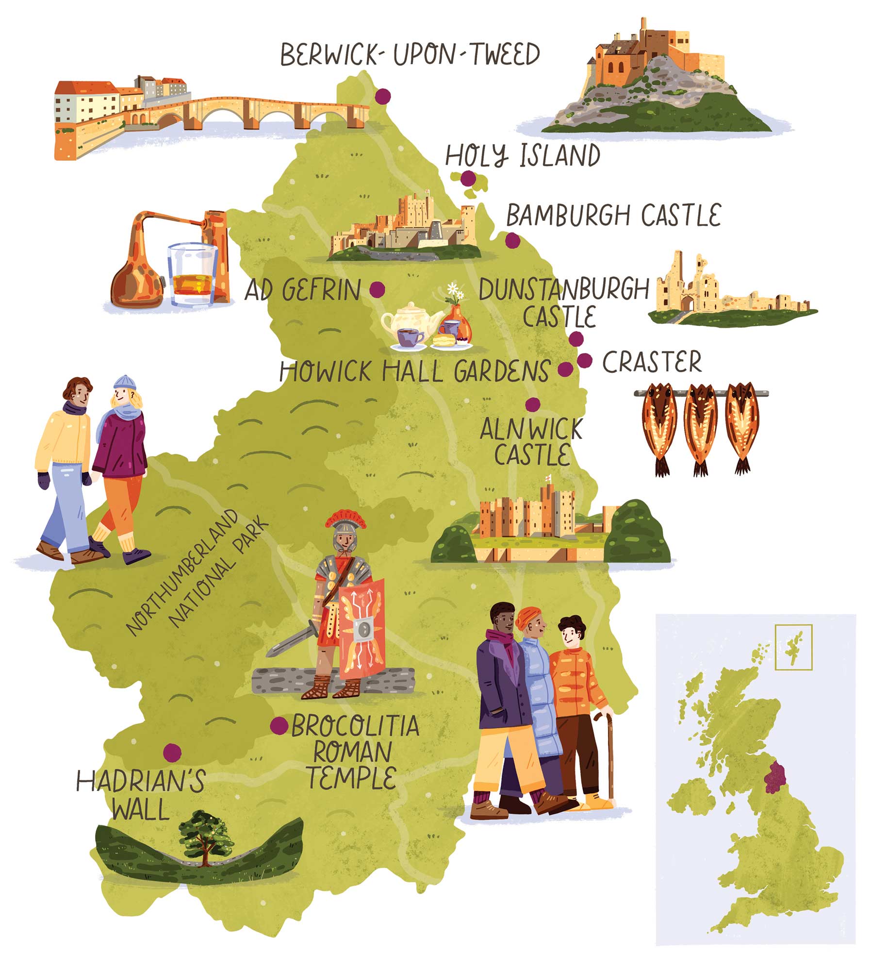 A map of Northumberland for Discover Britain by Elly Jahnz