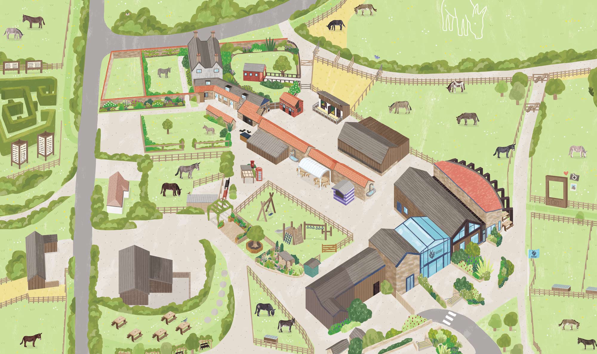 Close up of part of the map of the Donkey Sanctuary, Sidmouth, by Elly Jahnz