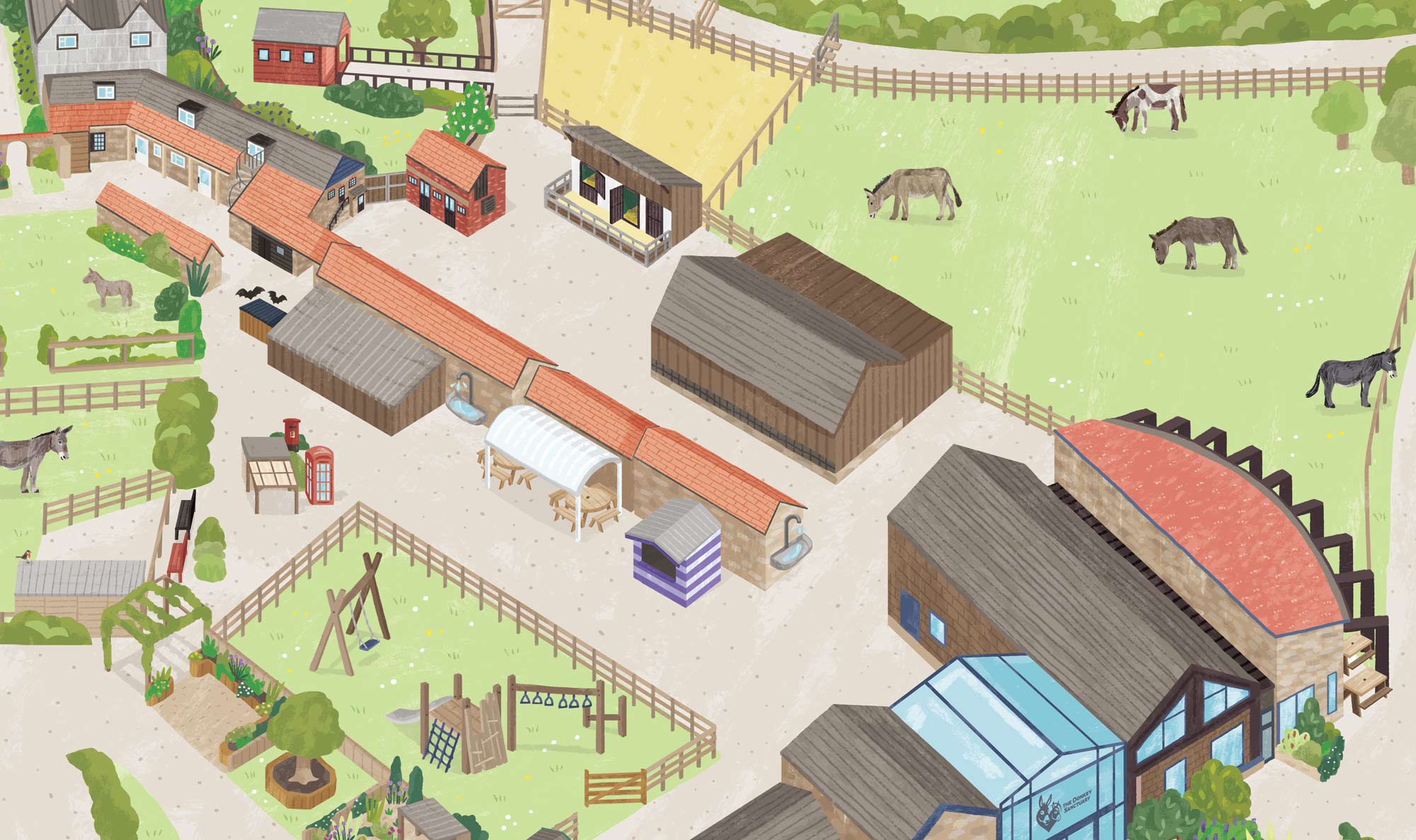Close up of the Donkey Sanctuary illustrated map by Elly Jahnz