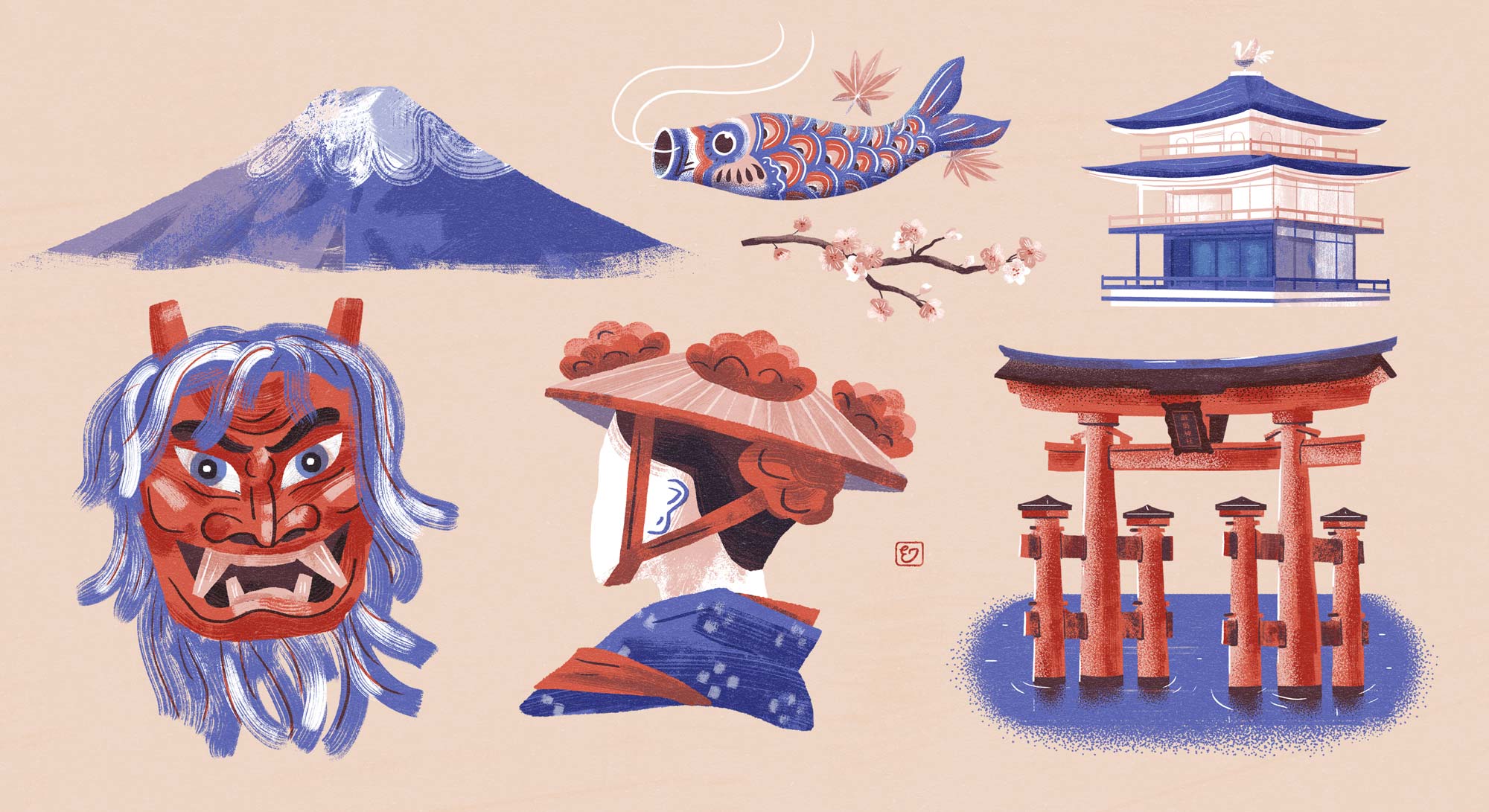 A selection of illustrated icons from my Japan map; Mt Fuji, Koi-no-buri, sakura, Kinkakuji, Oga mask, Hanagasu matsuri and Miyajima jinja by Elly Jahnz