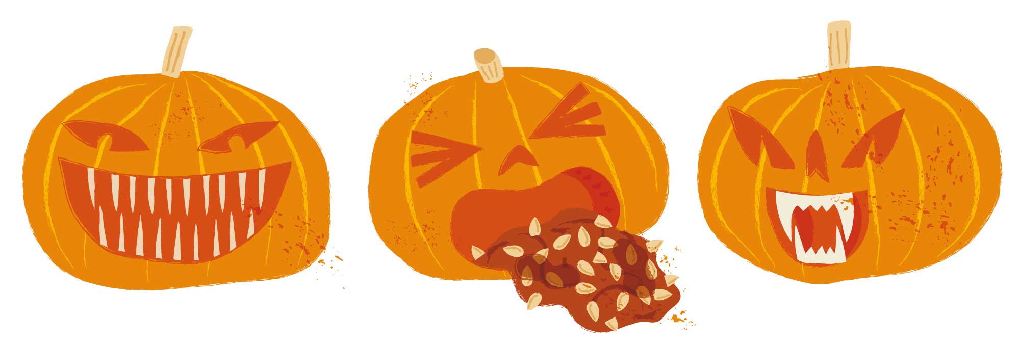 Three disgusting pumpkins by Elly Jahnz, for 2020: Nature Month by Month published by Nosy Crow