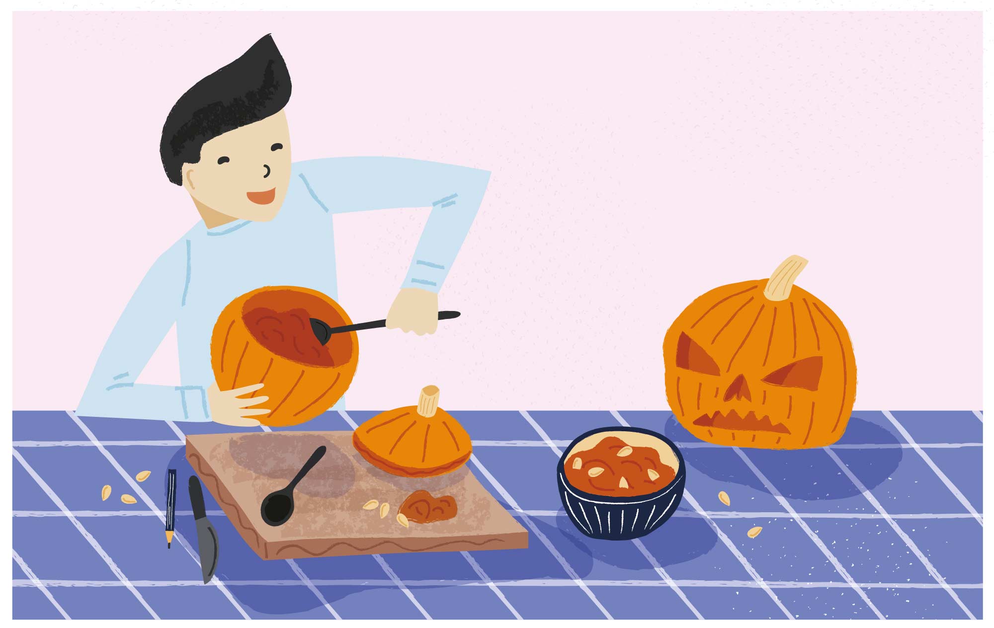 A boy carving a pumpkin by Elly Jahnz, for 2020: Nature Month by Month published by Nosy Crow