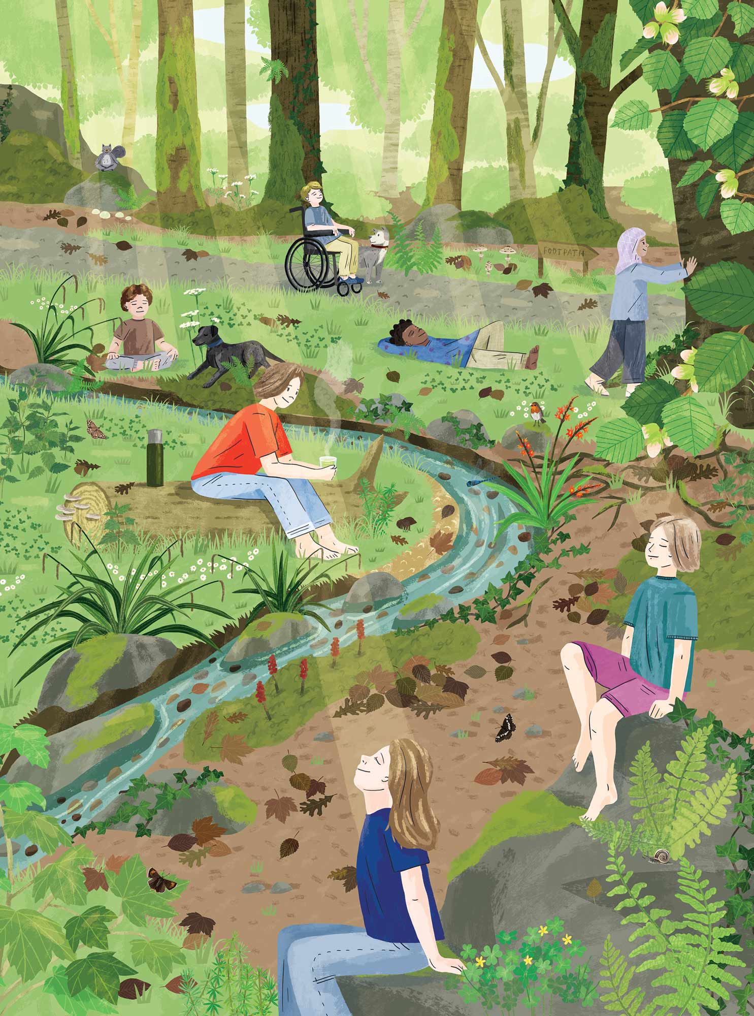 Forest Bathing - from Foraging: The Complete Guide for Kids and Famlies, illustrated by Elly Jahnz