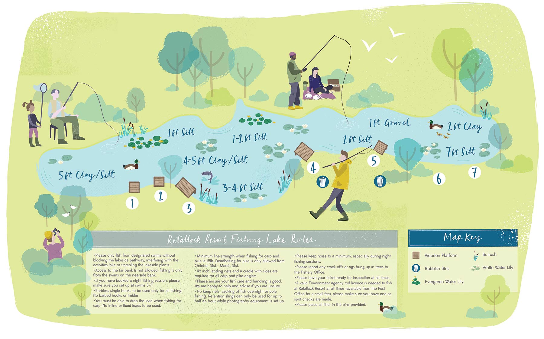 Illustrated Map of the Fishing Lake at Retallack Resort & Spa, Cornwall by Elly Jahnz, Foxcub Studio