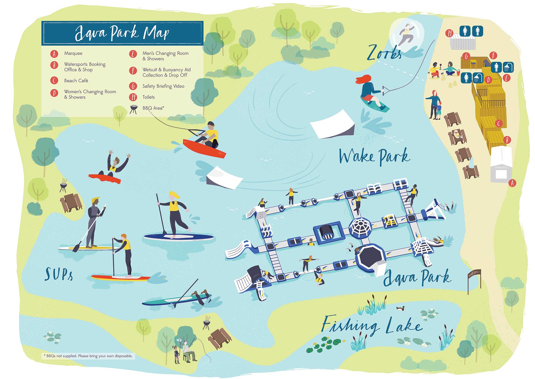 Illustrated Map of the Watersports Lake at Retallack Resort & Spa, Cornwall by Elly Jahnz, Foxcub Studio