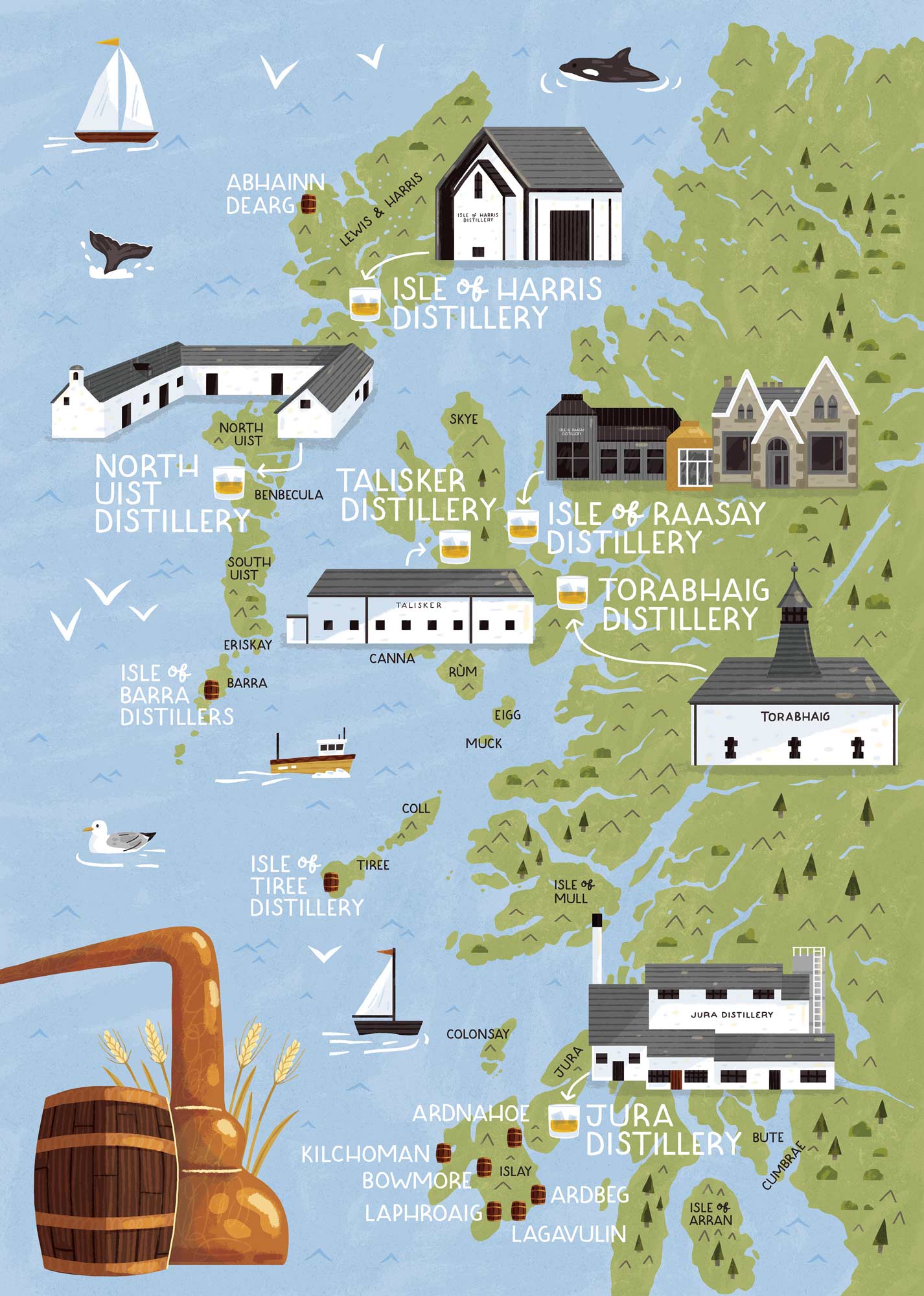Illustrated map of Whiskey Distilleries of the Scottish Western Isles by Elly Jahnz