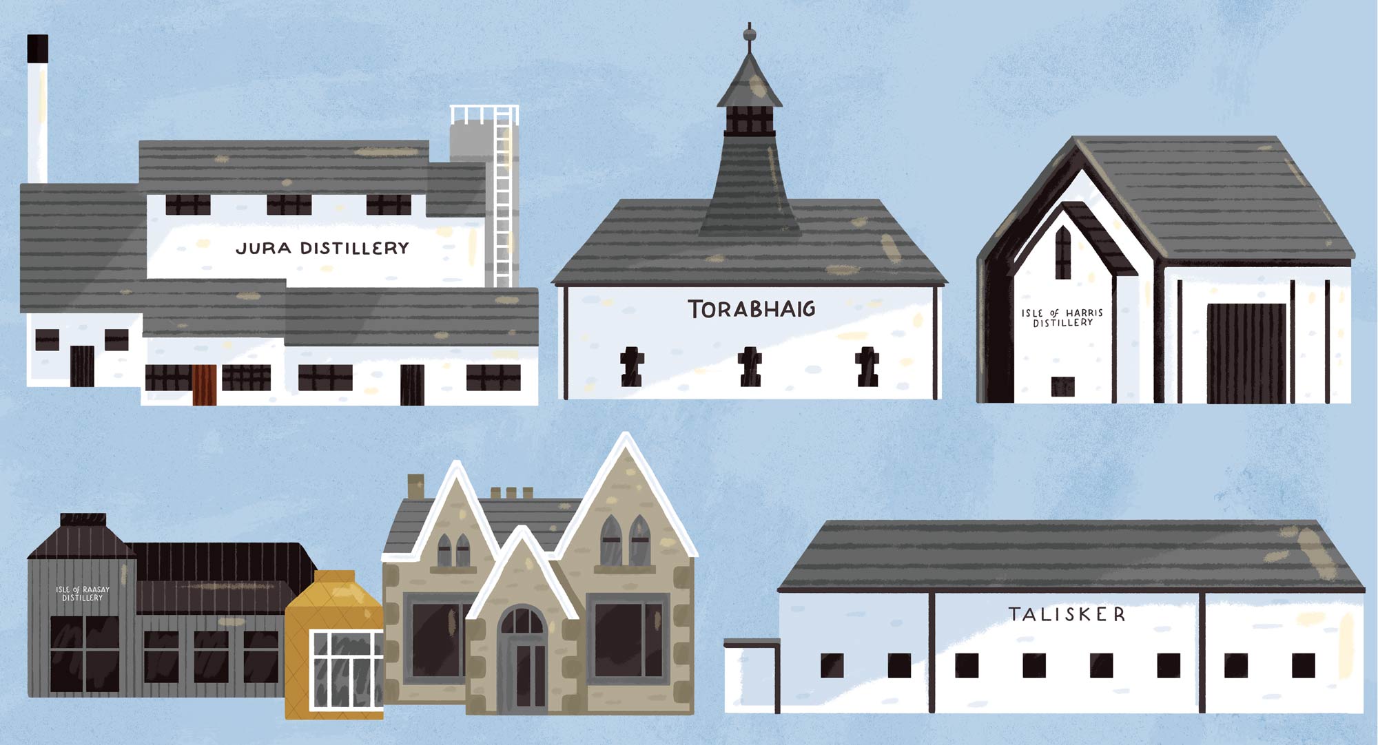 Illustrated spot illustrations from a map of Whiskey Distilleries of the Scottish Western Isles by Elly Jahnz