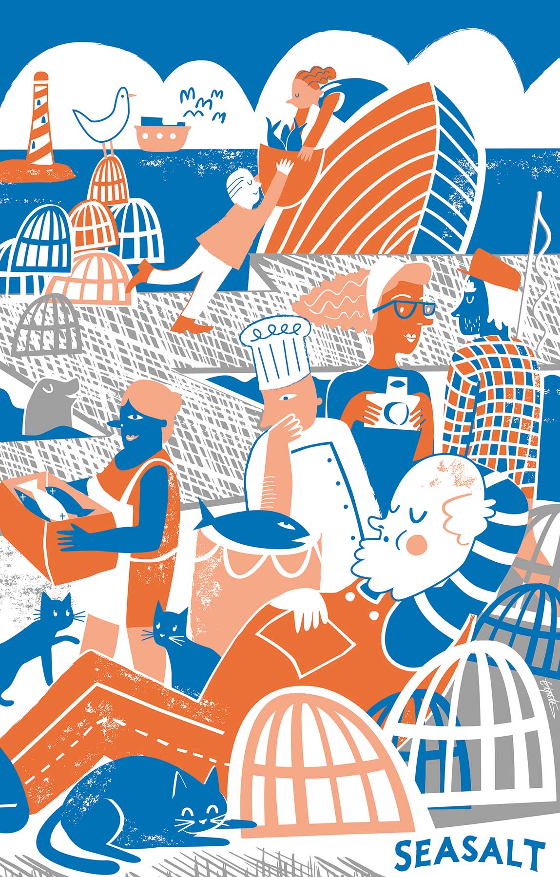 Cornish, nautical teatowel illustration designed in house at Seasalt Cornwall by Elly Jahnz, Foxcub Studio