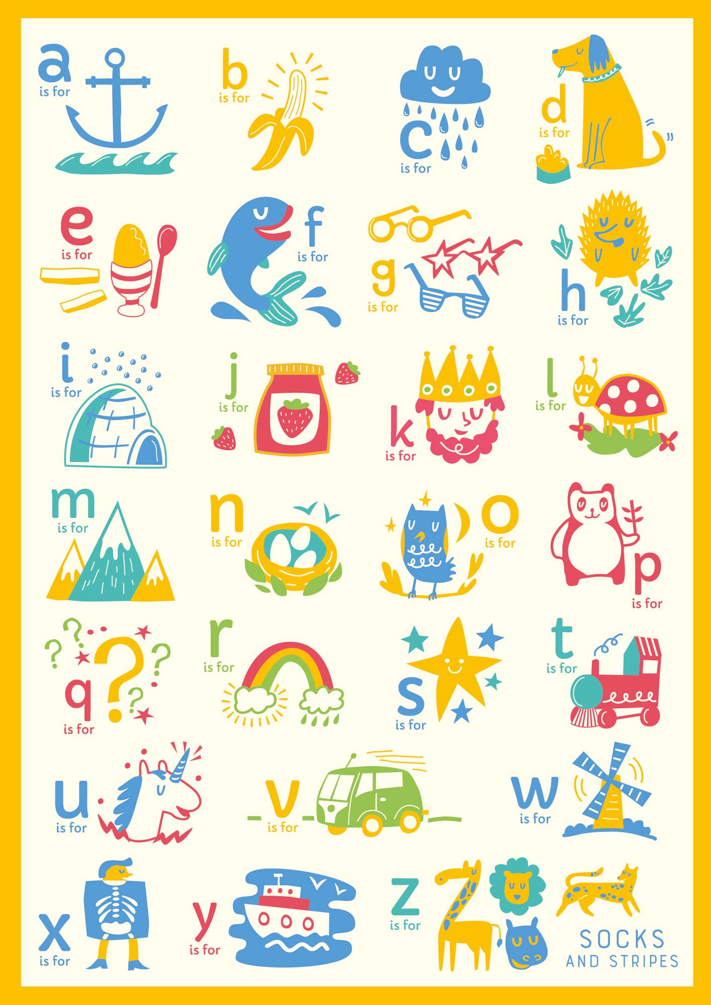 Alphabet sock poster created for Socks and Stripes by Elly Jahnz