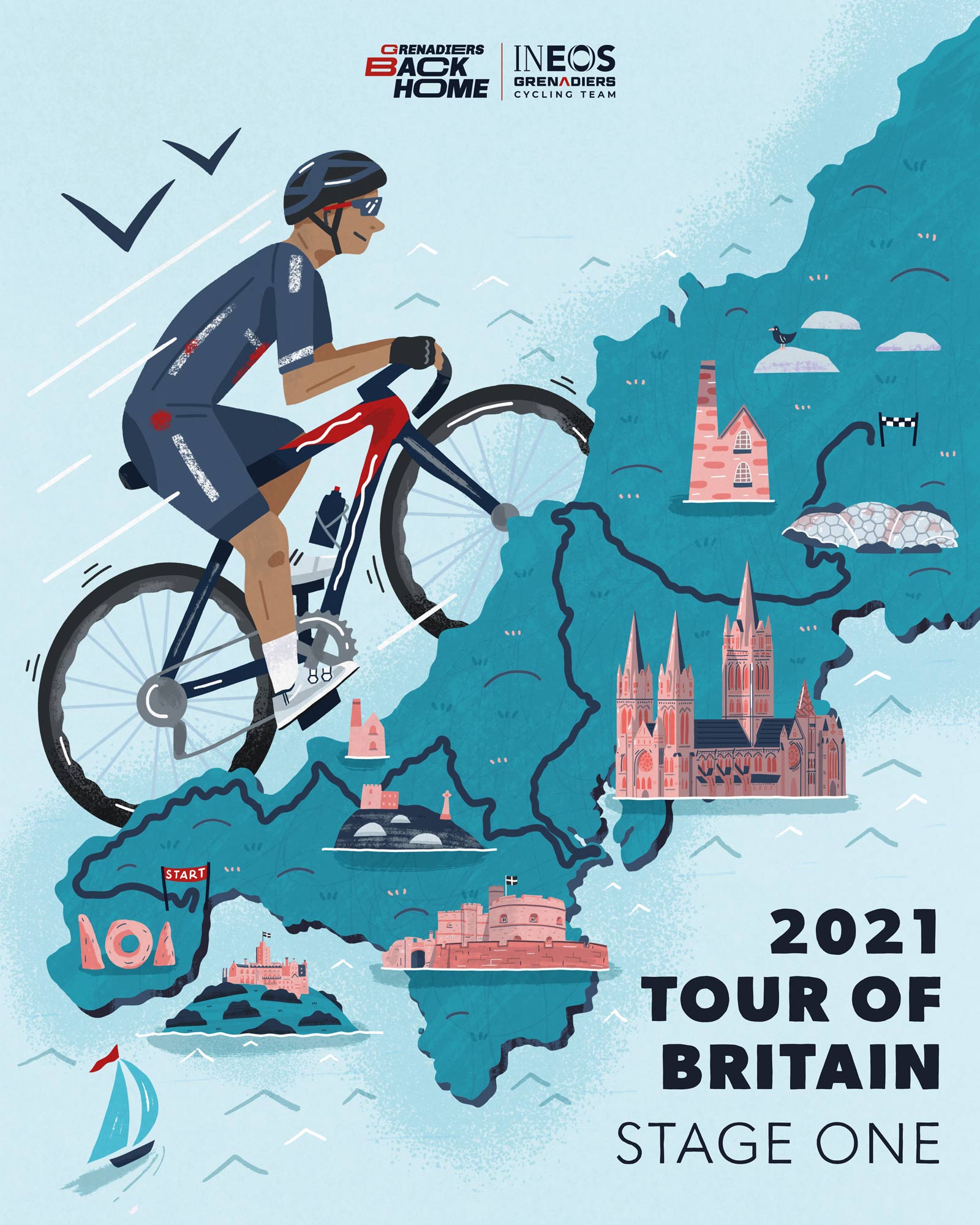 Poster illustration for Ineos Grenadiers celebrating stage one of the Tour of Britain by Elly Jahnz